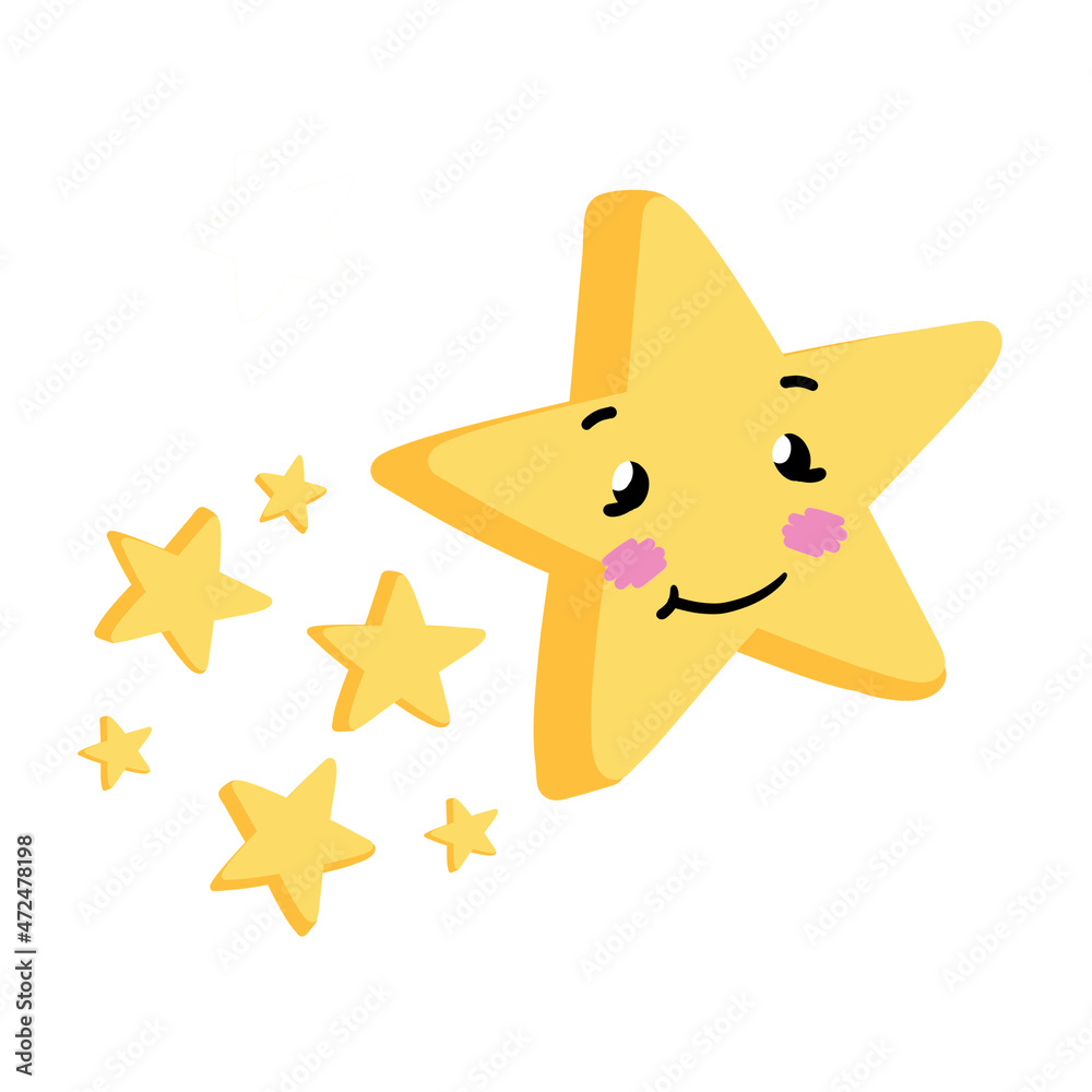 Cute star. Element of night and nature. Flying Cartoon illustration. Children drawing. Space star with fun face. Yellow object Cute star. Element of night and nature. Flying Cartoon illustration. Children drawing. Space star with fun face. Yellow object