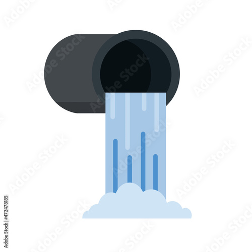Pipe with water. Drainage system. Water supply and sewerage. Industrial drain. Flat cartoon illustration isolated on white background