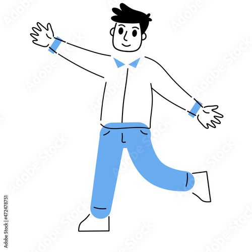 Happy man. Smiling Business character having fun. Hand spreading widely. Activity and dance. Outline trendy cartoon illustration