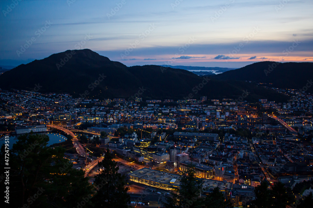 Aerial view of Bergen city in Norway at dusk