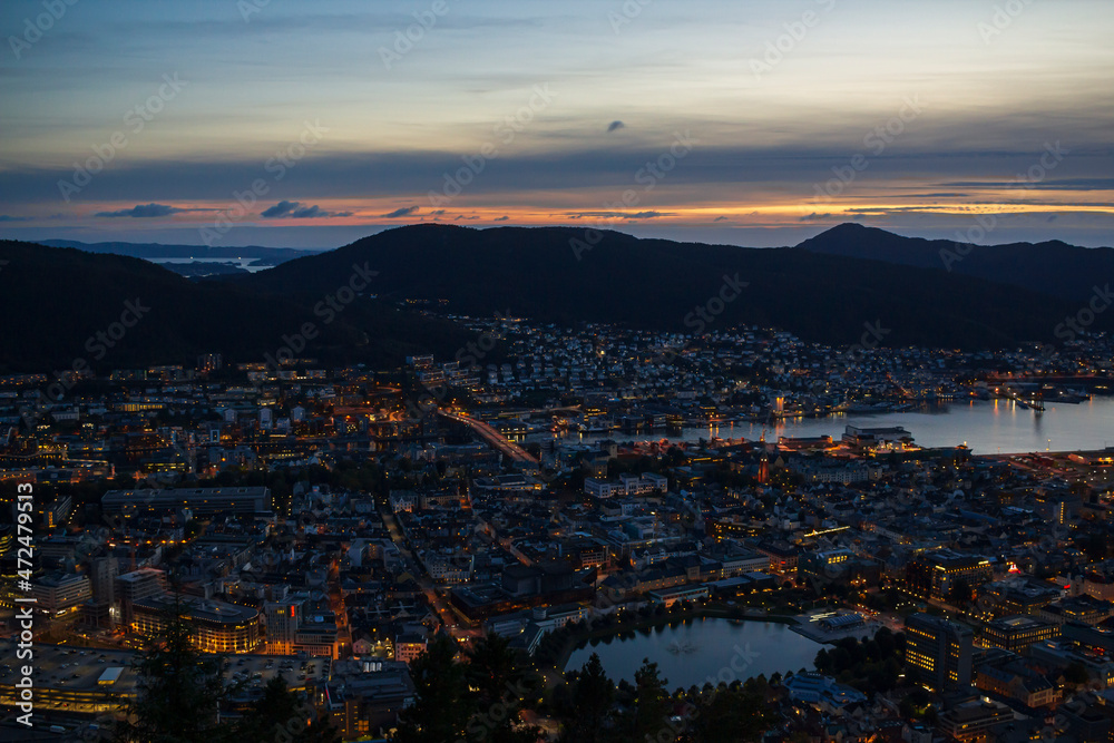 Aerial view of Bergen city with night lights on