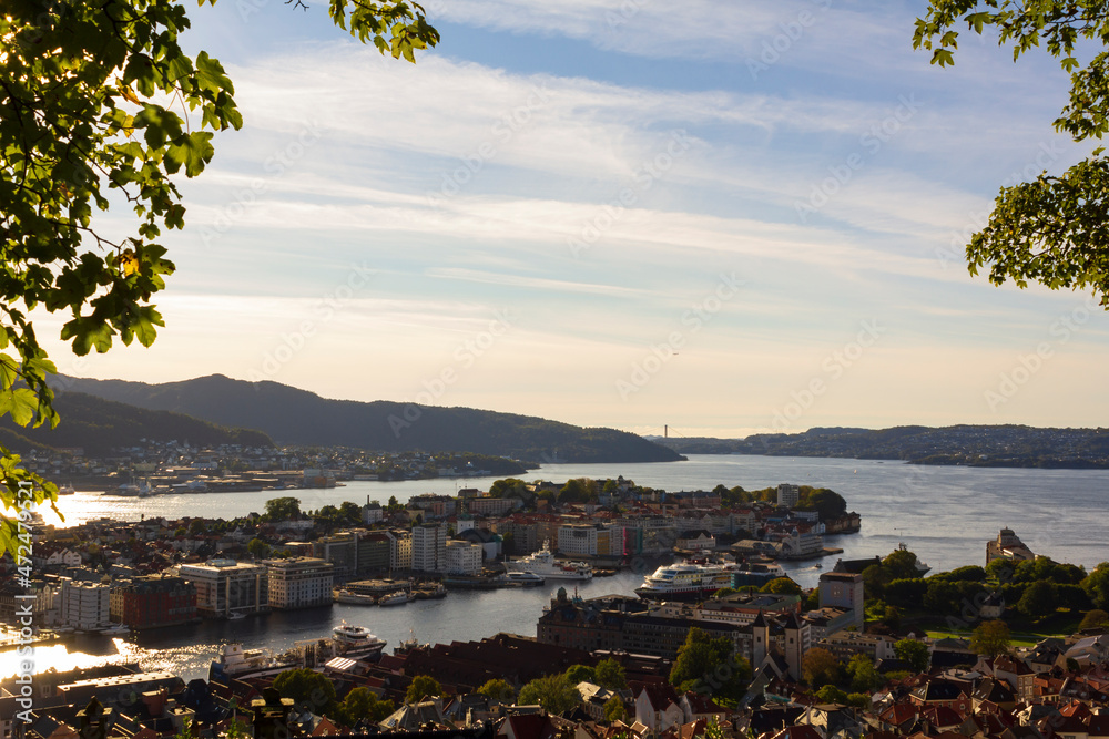 Aerial view of Bergen city and harbor