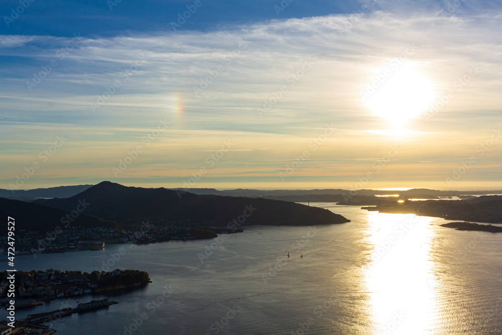 Fototapeta premium Northern sea and Bergen city aerial view