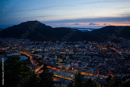 Fototapeta Naklejka Na Ścianę i Meble -  Aerial view of Bergen city in Norway at dusk