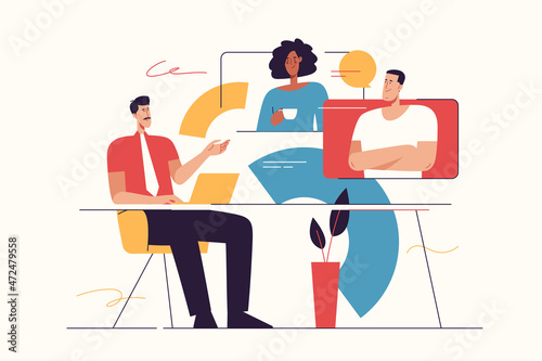 Vector illustration on the subject of video conference, online meeting, group discussion. Editable stroke