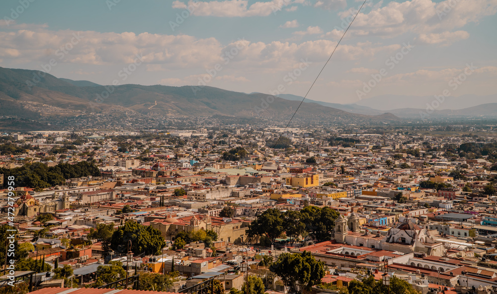 Aerial sunset view of the city of Oaxaca de Juarez, Mexico