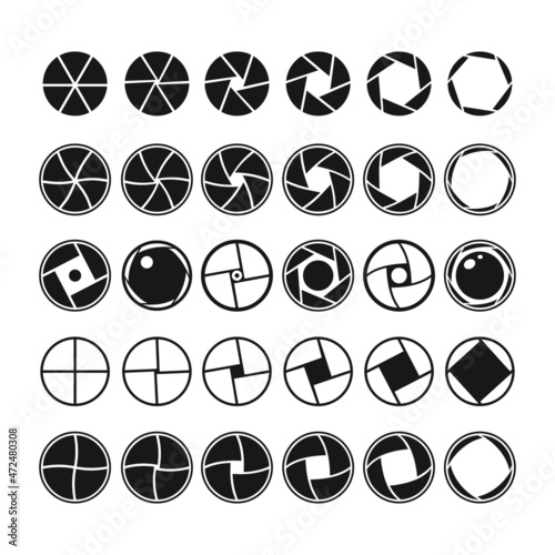 Camera shutter icon collection, lens diaphragm silhouette, photo optics lenses aperture. Vector symbol, aperture and lens for focus.