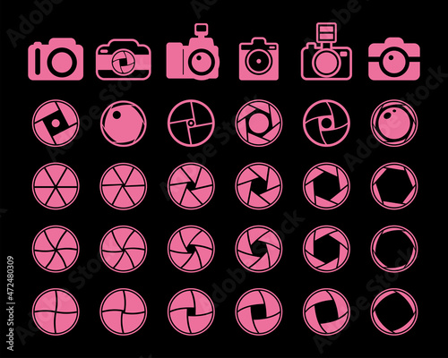 Camera shutter icon collection, lens diaphragm silhouette, photo optics lenses aperture. Vector symbol, aperture and lens for focus.