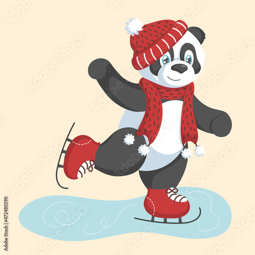 A cute winter panda in a red hat and scarf is skating on a frozen lake. Hand drawn style. Vector illustration.