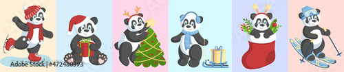 Winter set, hand drawn style. Winter fun of cute pandas. Skiing, sledding, ice skating, Christmas tree decoration, gifts.