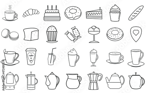 Cupcake, donut, pastries, sweets, coffee, tea, smoothies, dishes, bread, sweets, birthday cake. A set of vector icons for the application. Confectionery products and sweets for bakeries, cafes, web 