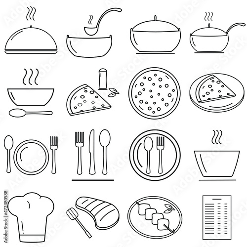 A set of linear vector icons on a white background for a cafe-restaurant.  Menu items, grilling, soup, pizza, cooking and serving food. For the website page application.
