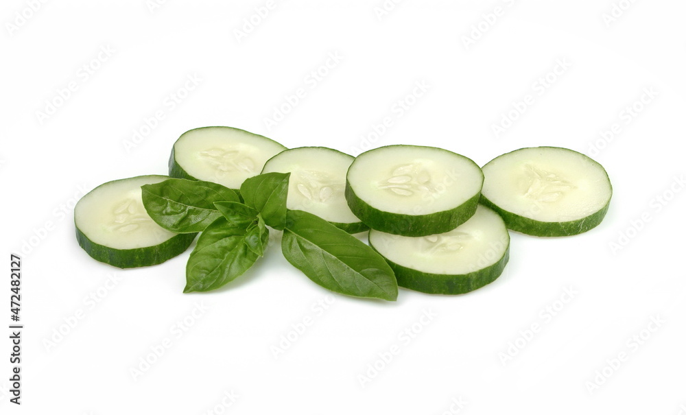 Cucumber salad. Fresh organic cucumber slices isolated on white. Cucumber macro studio photo. Cucumber salad. Fresh organic cucumber slices isolated on white. Cucumber macro studio photo.
