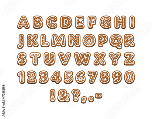 Gingerbread font Christmas cookies alphabet Ginger cookie letters and numbers with icing Winter Holidays monogram