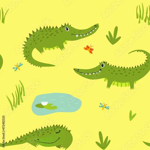 Kids seamless pattern, cute crocodiles and bushes upon yellow background. Cute and colorful pattern for prints, fabric, decorations, surface design © Tatsiana