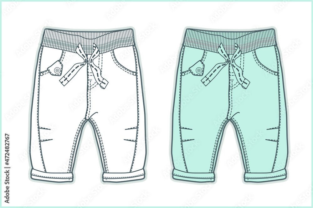 Baby fashion shorts vector flat sketch. Baby Short pant Technical Drawing. Sweat Shorts vector. Baby boy clothes template flat skech design. You can work the sewing pattern. Baby fashion shorts vector flat sketch. Baby Short pant Technical Drawing. Sweat Shorts vector. Baby boy clothes template flat skech design. You can work the sewing pattern.
