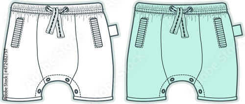 Baby fashion shorts vector flat sketch. Baby Short pant Technical Drawing. Sweat Shorts vector. Baby boy clothes template flat skech design. You can work the sewing pattern. photo