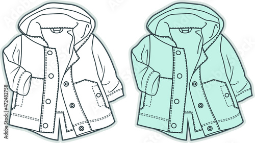 Baby Coat Flat Sketch VECTOR, trench coat, OUTER Fashion technical drawings. Baby outerwear design vector illustration, baby wear, baby clothing vector photo