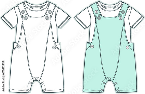 Baby dungaree fashion flat sketch template boys and girls dungaree technical fashion illustration. Baby fashion clothing design. Bodysuit vector flat sketch. Baby clothes template. 