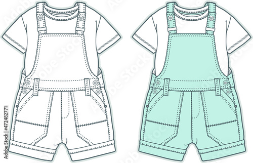 Baby dungaree fashion flat sketch template boys and girls dungaree technical fashion illustration. Baby fashion clothing design. Bodysuit vector flat sketch. Baby clothes template. 