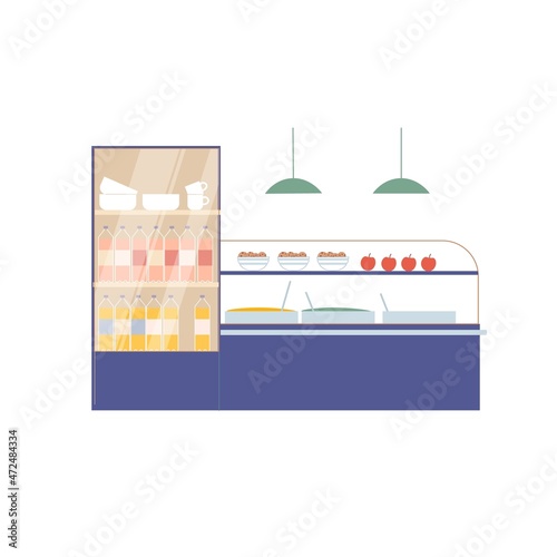 Vector flat cartoon food and drinks in display window and fridge isolated on empty background-fast food restaurant and cafe interior elements,catering industry concept,web site banner ad design