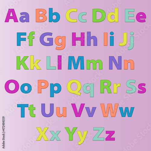 alphabet with imitation of sewn letters on a pink background.
