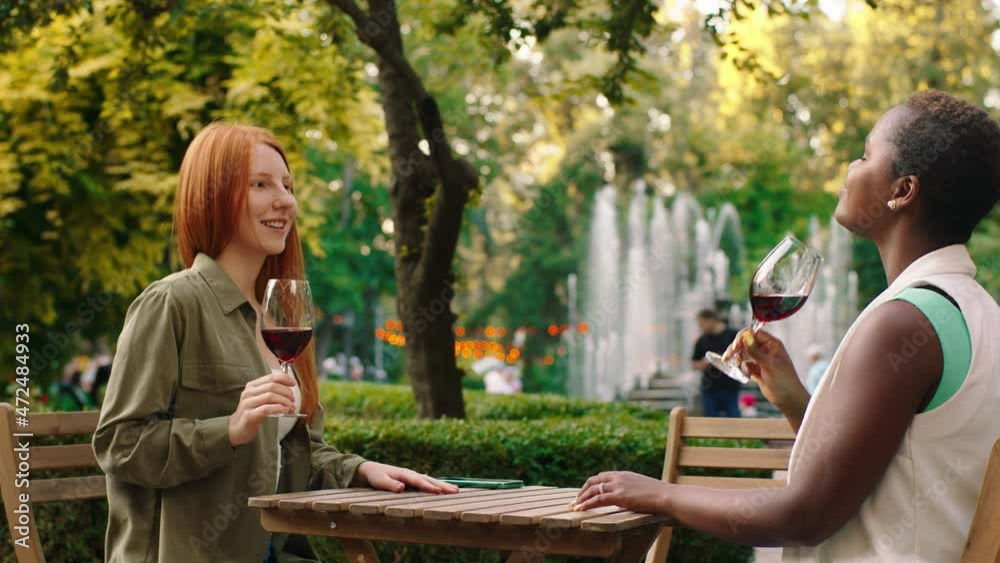 A ginger haired lady with her african friend are sipping on wine and feeling confident while being outside at a beautiful park A ginger haired lady with her african friend are sipping on wine and feeling confident while being outside at a beautiful park