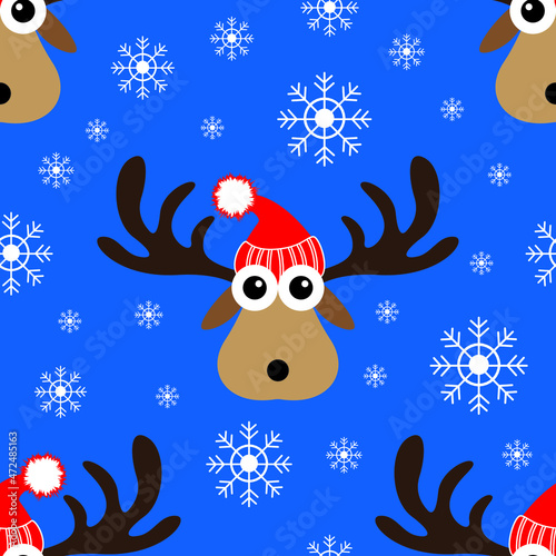 Merry Christmas and Happy New Year poster Cartoon doodle christmas reindeer seamless pattern. Winter holidays vector illustration.