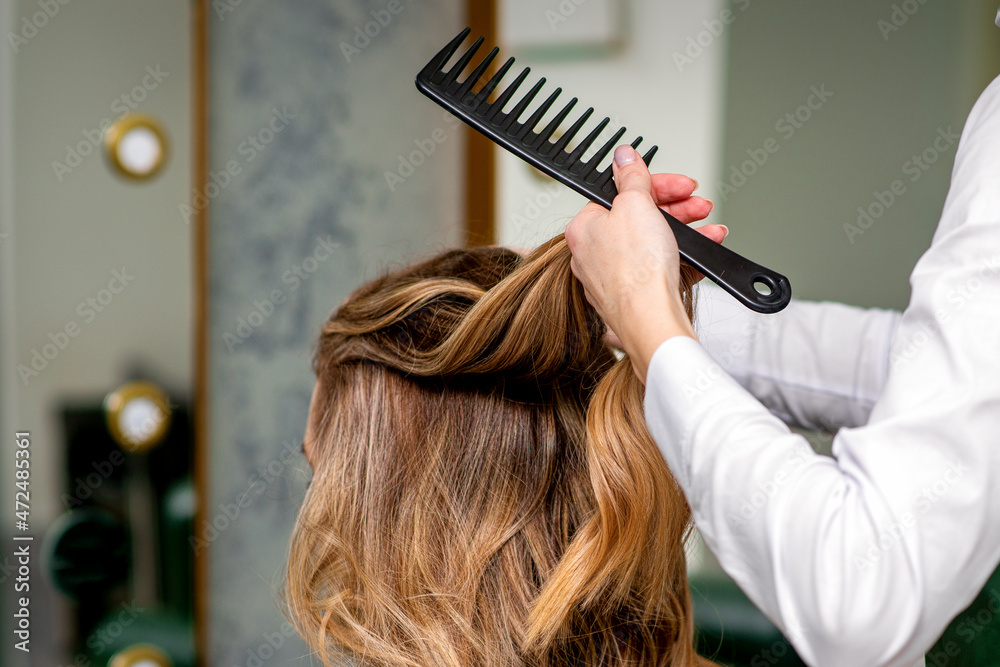 Fototapeta premium A female hairdresser is combing the long brown hair of a young woman at a parlor