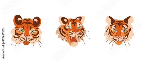 Set of Tiger head stickers banner. Tiger symbol of New Year 2022 on white background. Wild tiger cartoon in flat style.
