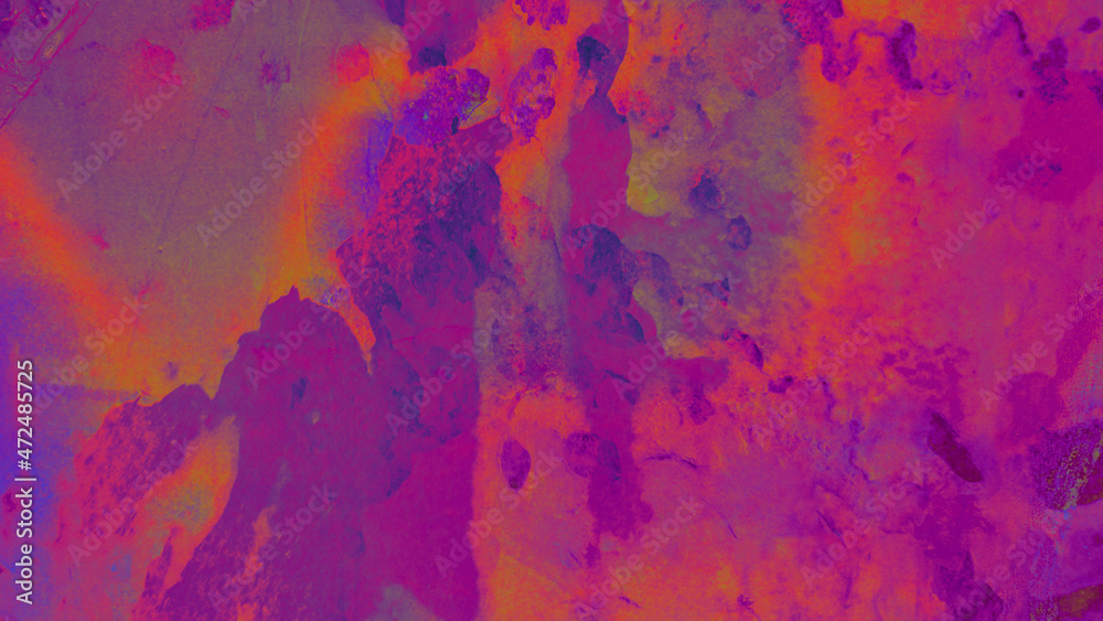 Fluorescent colorful grungy background with stains distressed texture.