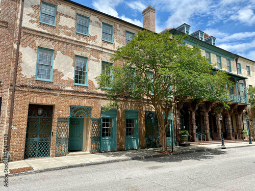 Charleston  South Carolina  USA  Dock Street Theatre in the historic downtown French Quarter. Brick with wrought iron balcony and sandstone columns. America   s first theater.