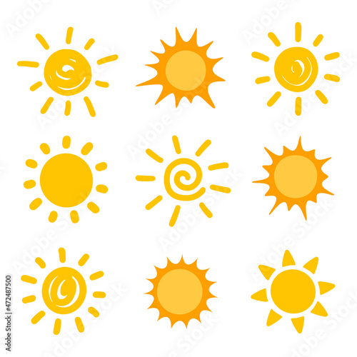Set yellow sun hand drawn. Vector illustration