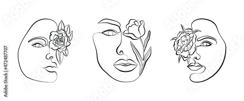 Bit line art with female faces, flowers and leaves. Prints, tattoos, posters, textiles, cards, etc. Continuous line art in an elegant style for. Vector illustration of beautiful women's faces