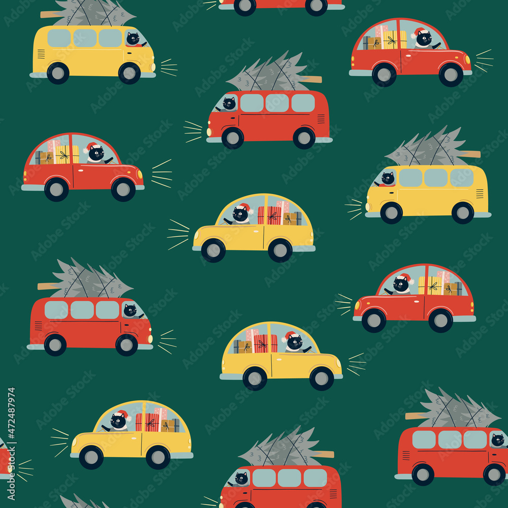 Seamless vector pattern with black cat driver, car, bus and Christmas tree
