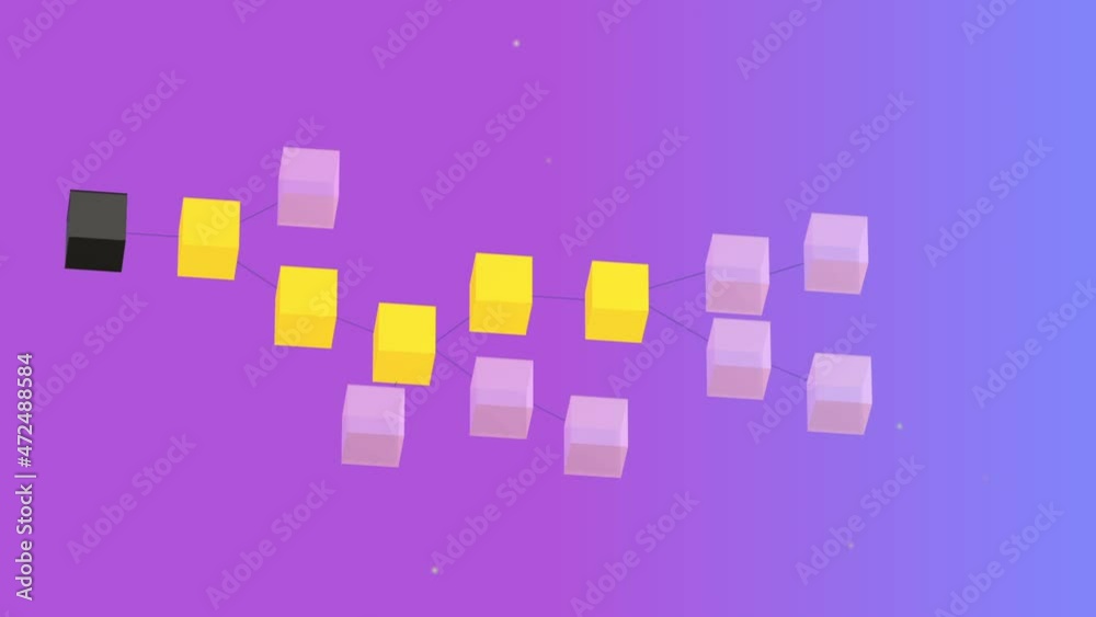 Représentation d’une blockchain décentralisé. La chaîne principale est composée de la plus longue suite de blocs après le bloc initial.