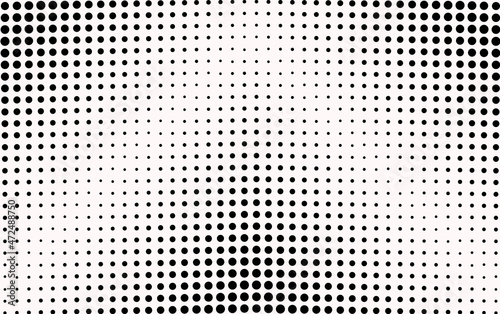 Halftone dots pattern. Comic pop art gradient. Half tone radial fade background. Monochrome banner. Black white duotone print. Cartoon gradation texture. Anime retro backdrop. Vector illustration