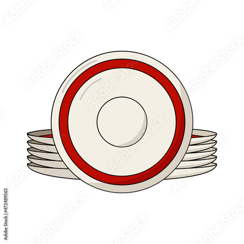 Stack of ceramic plates with red stripe one plate standing in front