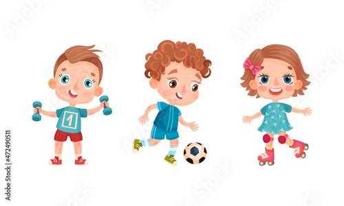 Set of kids doing sport. Happy little children exercising with dumbbells, playing soccer and rollerblading cartoon vector illustration