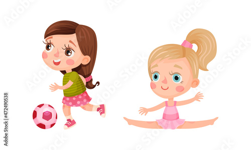 Set of kids doing sport. Little girls doing gymnastics and playing ball. Children activities cartoon vector illustration