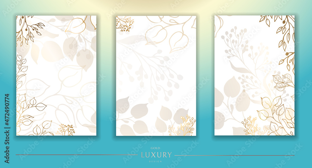 Luxurious golden wallpaper. A set of three. Golden flowers with a shiny light texture and leaves. Modern art mural wallpaper. White background and gold spots. Vector illustration. - obrazy, fototapety, plakaty 