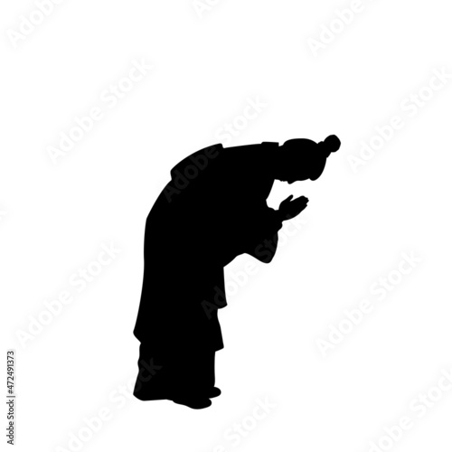 Silhouette of man traditional bowing. Ojigi japanese etiquette gesture.