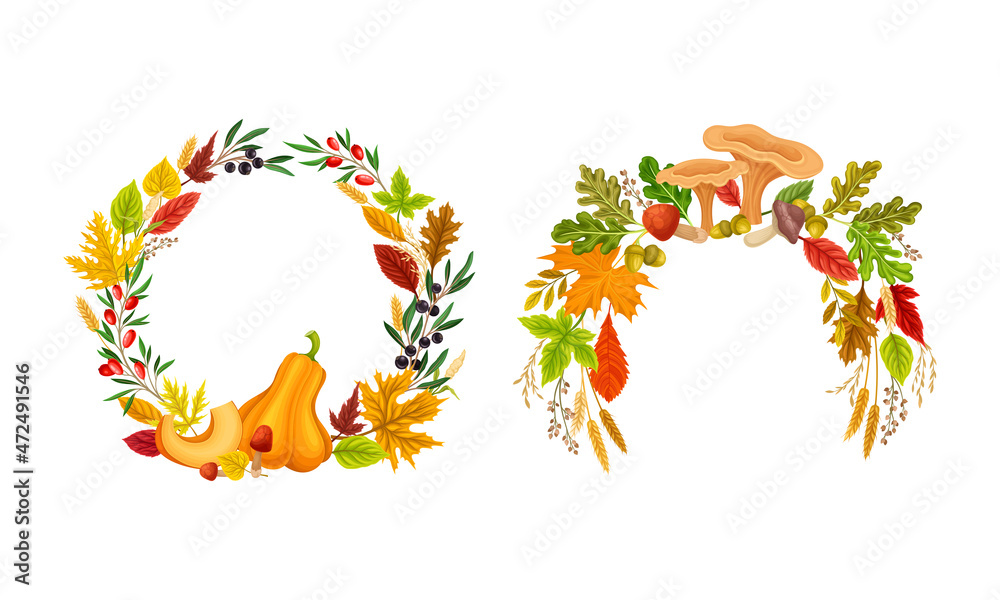 Set of autumn wreath with leaves, pumpkin, mushrooms and berries. Thanksgiving Day decor elements vector illustration Set of autumn wreath with leaves, pumpkin, mushrooms and berries. Thanksgiving Day decor elements vector illustration