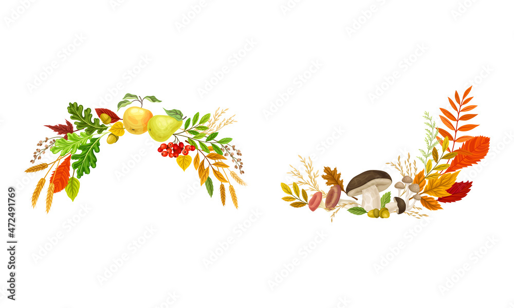 Set of borders with colorful autumn leaves, apples, and mushrooms set. Thanksgiving Day decor elements vector illustration