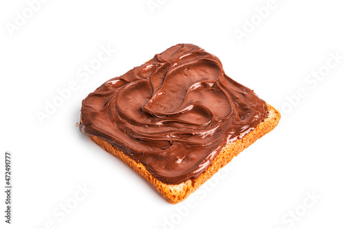 Toast with cocoa paste isolated on a white background. A piece of bread with chocolate paste.