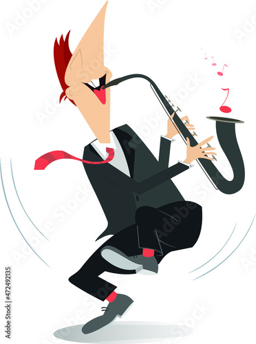 Saxophonist isolated illustration.
Smiling saxophonist playing music with inspiration on white background
