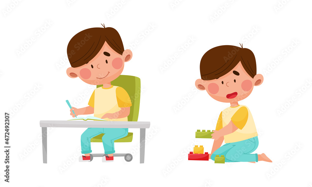 Little kid daily routine. Cute boy sitting at table doing lesson and playing with toy building blocks cartoon vector illustration Little kid daily routine. Cute boy sitting at table doing lesson and playing with toy building blocks cartoon vector illustration