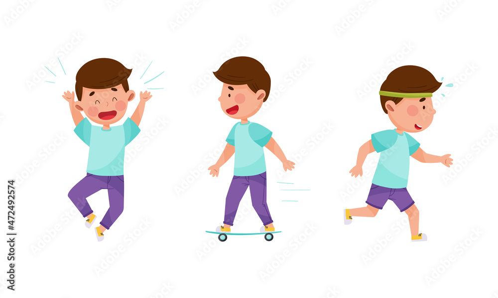 Kid daily activities set. Cute boy having fun, skateboarding and jogging cartoon vector illustration Kid daily activities set. Cute boy having fun, skateboarding and jogging cartoon vector illustration