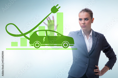 Electric car concept with businesswoman pressing button