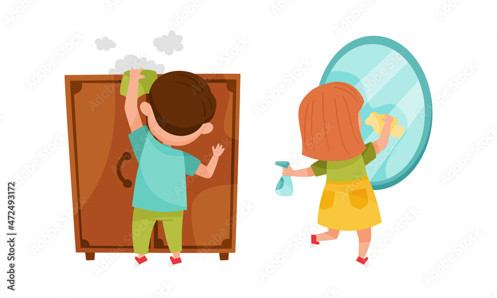 Boy dusting wooden girl cleaning mirror. Kids helping parents